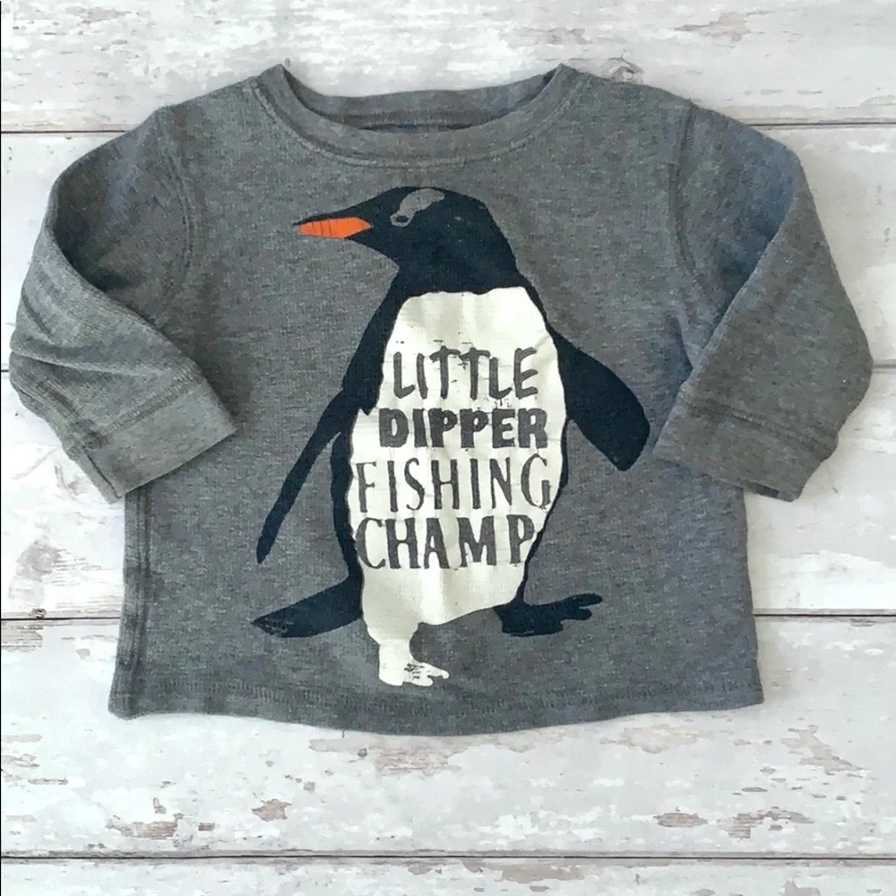 Boys 12m Carters Knit Long Sleeve Penguin Shirt Gray Grey Color Baby Toddler